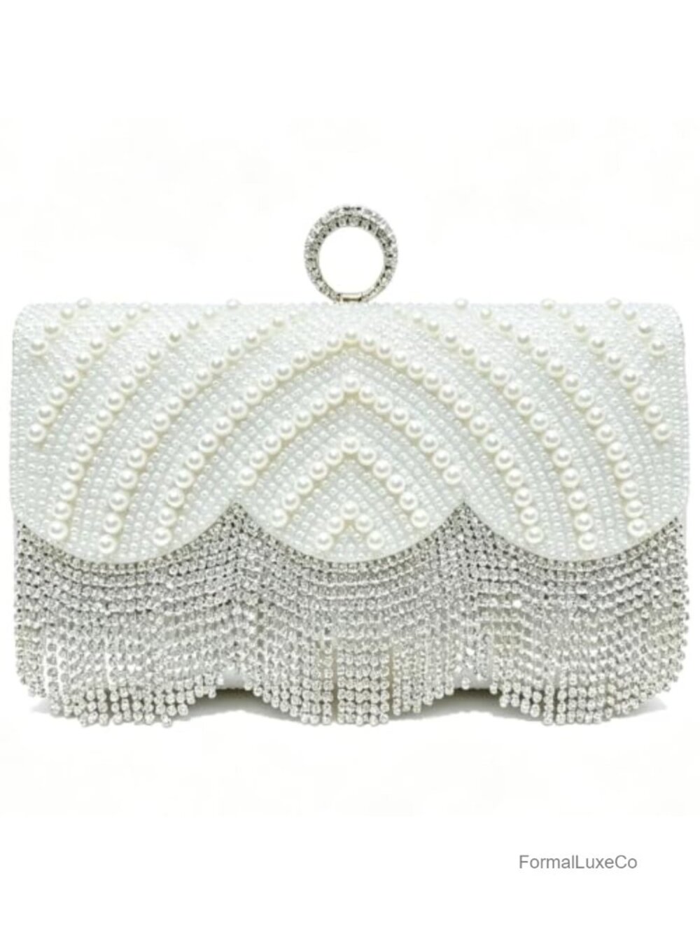 Faux Pearl Crystal Fringe Clutch Evening Bag with Chain
